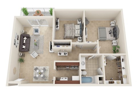 Floor plan for 2 beds, 1 bath, 975 sqft